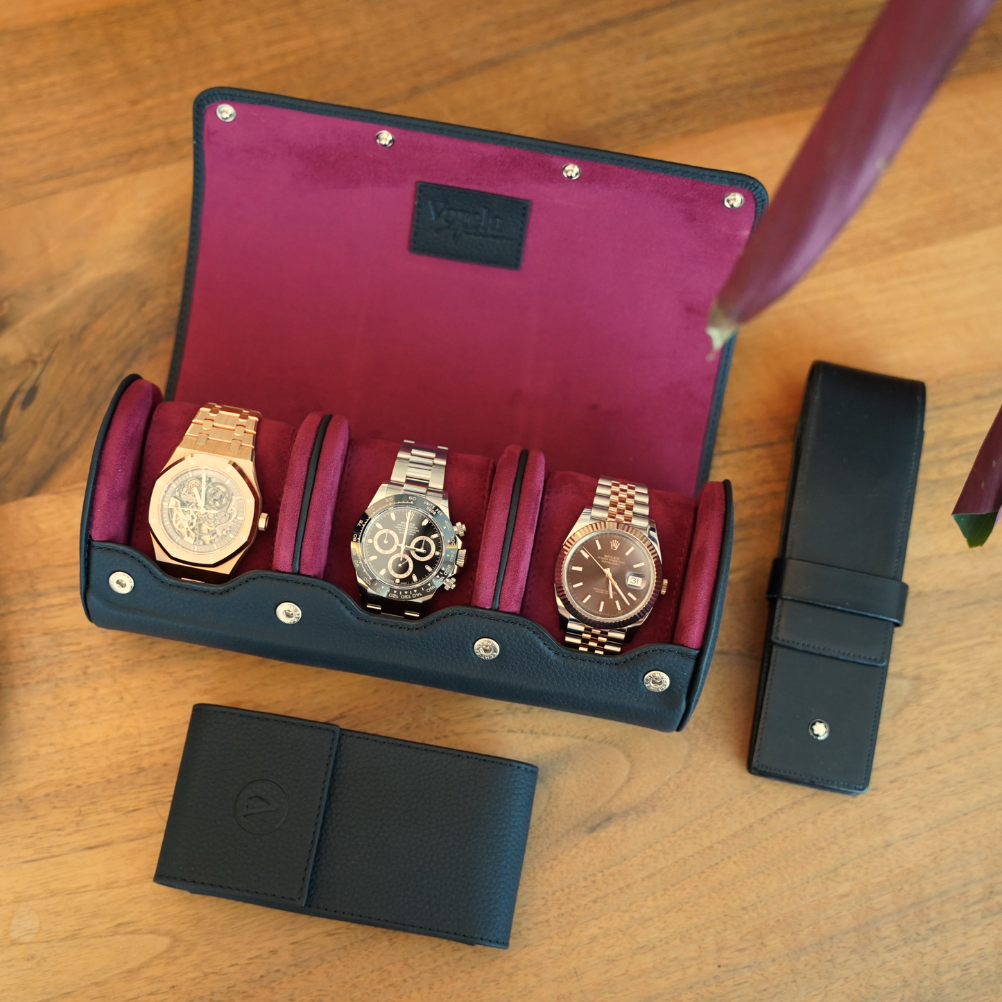Uhrenrolle Echtleder für 3 Uhren - Schwarz / Bordeaux Rot