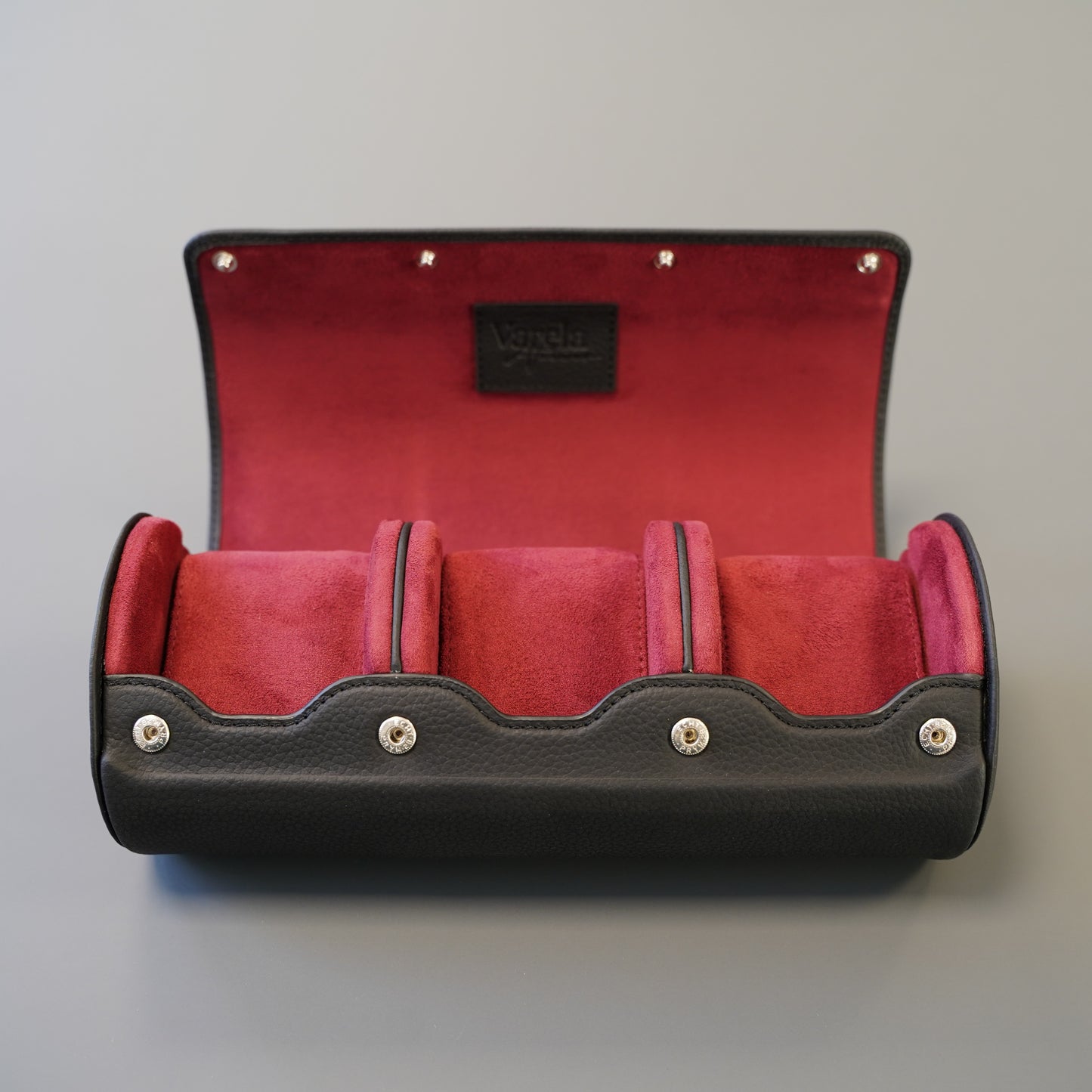 Uhrenrolle Echtleder für 3 Uhren - Schwarz / Bordeaux Rot