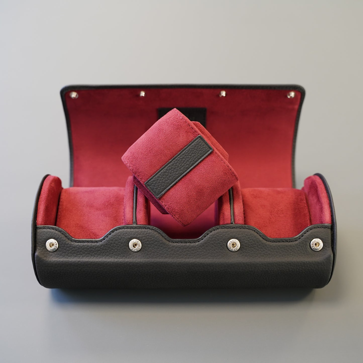 Uhrenrolle Echtleder für 3 Uhren - Schwarz / Bordeaux Rot